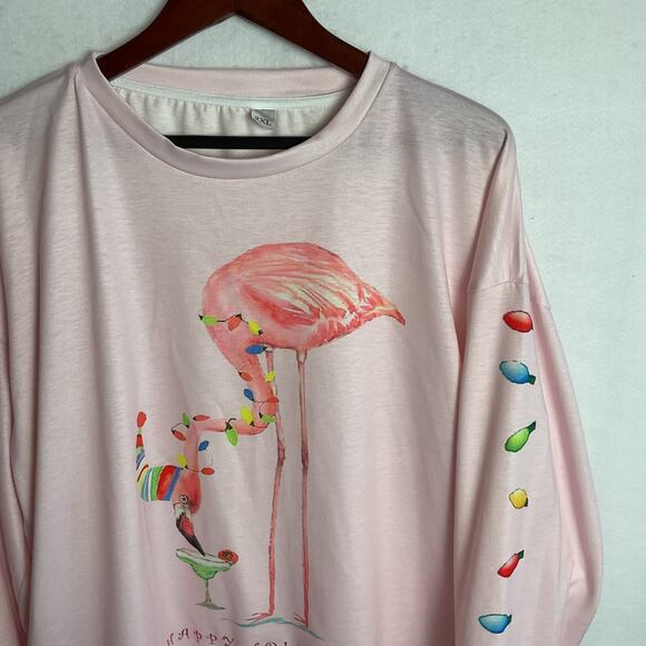 Womens Long Sleeve Crewneck Christmas Sweater Pink Flamingo Happy Hour 2XL - Picture 5 of 10